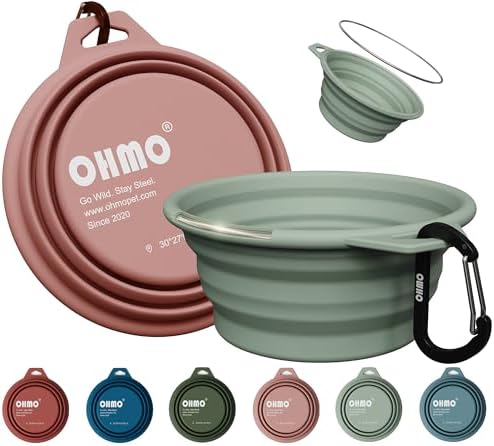 OHMO Small Collapsible Dog Bowls, Steel Rim, 12oz, 2pcs, Coral&Sage Green