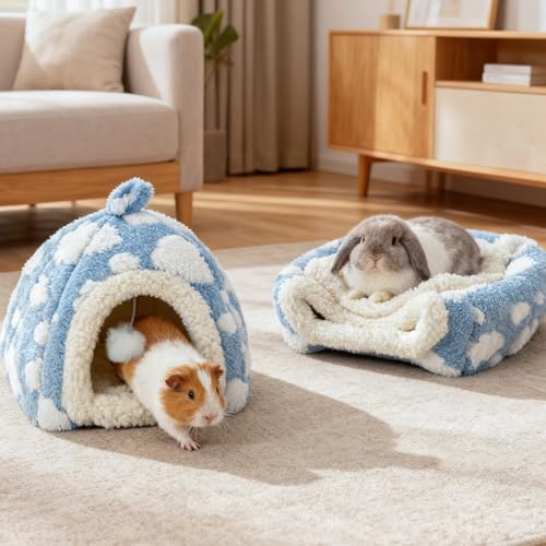 Bunny Bed Blue Sky with Cloud Pattern House for Rabbit Guinea Pig Hiding Hut Small Animals Hideaway Indoor Habitat for Bunny Guinea Pigs (Blue)