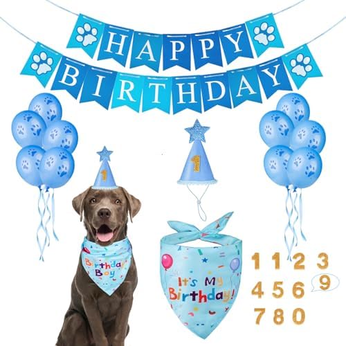 Dog Birthday Party Supplies, Dog Birthday Bandana Set, Blue