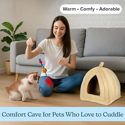 Cat House - Indoor Bed with Removable Foam Cushion - Pet Tent for Puppies, Rabbits, Guinea Pigs, Hedgehogs, and Other Small Animals by PETMAKER (Tan)
