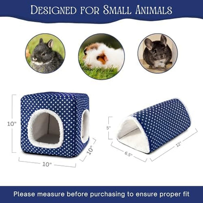 Guinea Pig Hideout, Dwarf Rabbit Bed with Play Tunnel, Washable Fleece House for Dwarf Bunnies, Chinchillas, Hedgehogs, Small Animal Cage Accessories Blue Dot