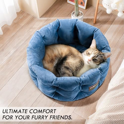 ClevaHome Deep Nest Cat Beds for Indoor Cats, Washable Round Cat Bed, Cute Kitten Bed with Anti-Slip Bottom for Kitty and Puppy, 20inches, Steel Blue