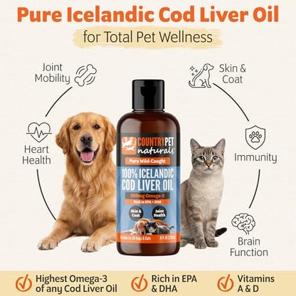 Wild-Caught Pure Icelandic Cod Liver Oil for Dogs & Cats 8oz, Single-Ingredient, 1150 mg Omega-3, High EPA/DHA, Natural Vits A&D, Supports Healthy Skin, Coat & Mobility, 8oz bottle