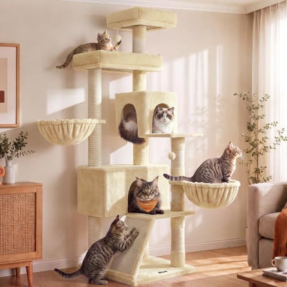 Feandrea Cat Tree, 68.5-in Tall Cat Tower, Multi-Level Condo, Beige