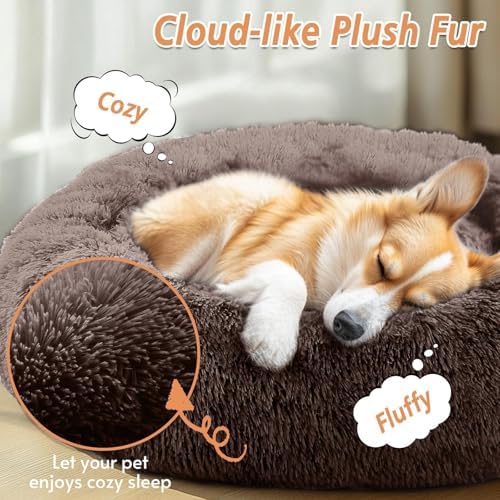 JOLLYVOGUE Calming Dog Bed Medium Size Dog, 31in Donut Washable Medium Pet Bed, Anti-Slip & Anti-Anxiety Fluffy Faux Fur Round Dogs Bed, Fits up to 45 lbs Pets (Chocolate)