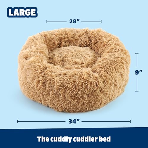 Barkbox Dog Bed Memory Foam Donut Cuddler - Calming Orthopedic Joint Relief Fur Crate Lounger for Pets, Machine Washable + Removable Cover, Waterproof Lining, Includes Toy - Larger Pets - 65lbs