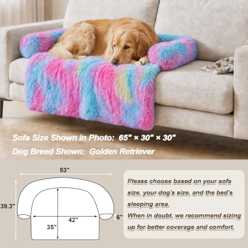 GGIB Calming Dog Bed Fluffy Plush Dog Mat for Furniture Protector with Removable Washable Cover for Large Medium Small Dogs and Cats (Extra Large (53x39.3x6), Rainbow)