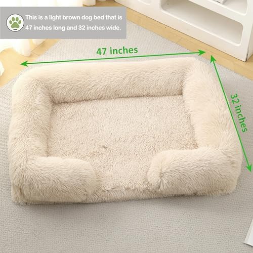 Orthopedic Dog Bed for XXL Dogs - Washable Memory Foam Pet Sofa, Fluffy Plush Rectangular Bed, Waterproof Anti-Anxiety Couch, Light Brown, XXL