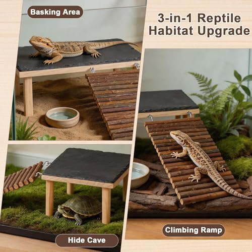 Bearded Dragon Basking Platform with Climbing Ramp,Leopard Gecko Basking Platform with Stone,Reptile Basking Rock Hide Cave Climing Accessories for Turtle,Snake,Lizard