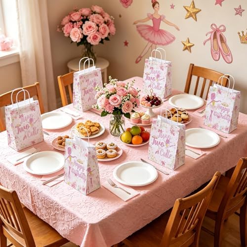 16Pcs Ballerina 2nd Birthday Party Favor Bags Pink Ballet Tutu Cute Candy Treat Gift Goodie Bags with Handles Ballerina Fairy Decorations for Girls 2 Year Old Birthday Baby Shower Party Supplies