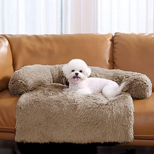 HACHIKITTY Calming Pet Sofa Bed Mat, Washable Fluffy Couch Cover for Dogs and Cats, Anti-Slip Bottom (40"x 38"x 6", Camel)
