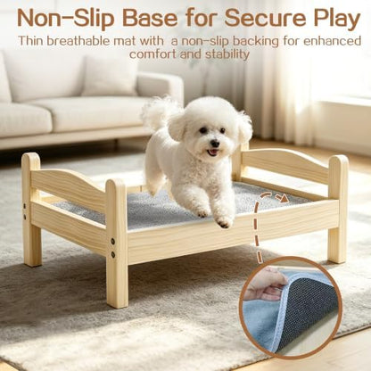 Elevated Dog Bed with Mat for Small Dogs,Solid Wood,Spine-Friendly Design