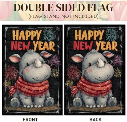 Happy New Year Garden Flag 12x18 Double Sided Vertical Linen Small Fireworks Rhino House Flag Welcome Holiday Winter House Outdoor Outside Decorations (27180)