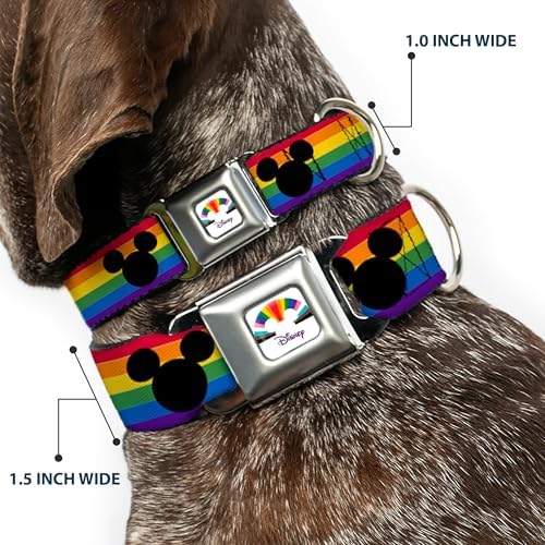 Disney Pet Collar, Dog Collar Metal Seatbelt Buckle, Mickey Mouse Ears Icon Rainbow Pride Flag, 15 to 24 Inches 1.0 Inch Wide