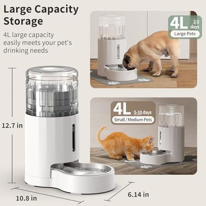 JUNSPOW Cat Water Dispenser with Placemat & Stainless Steel Bowl (4L White)
