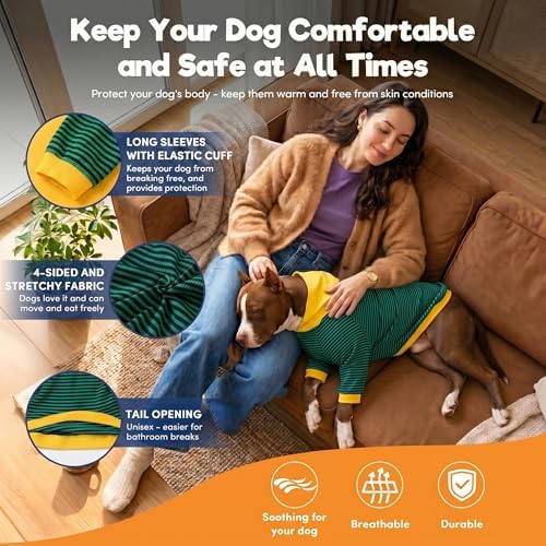 LovinPet Large Dog Pajamas, Dog Bodysuit, Cotton Green Stripe Print, M