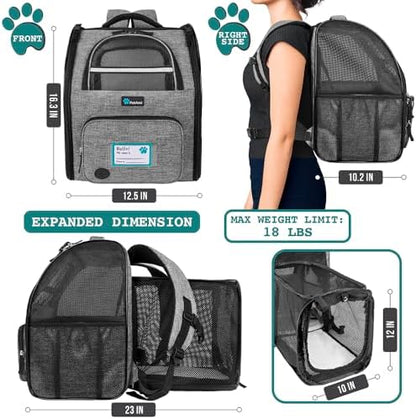 PetAmi Expandable Dog Backpack Carrier for Cats & Pets, Breathable Cat Carrier Backpack with Top Window & Multi-Entry, Ventilated Foldable Travel Carrier for Small Medium Pets up to 18 lbs, Light Gray