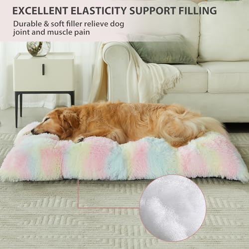BFPETHOME Dog beds for Large Dogs, Plush Crate Bed with Fluffy Cozy Kennel pad, Washable Mats with Anti-Slip Bottom for Large Dogs, 41"x27", Rainbow