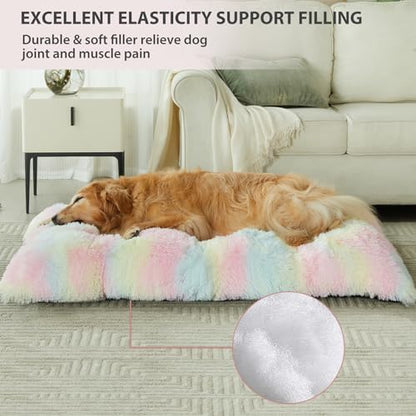 BFPETHOME Dog beds for Large Dogs, Plush Crate Bed with Fluffy Cozy Kennel pad, Washable Mats with Anti-Slip Bottom for Large Dogs, 41"x27", Rainbow