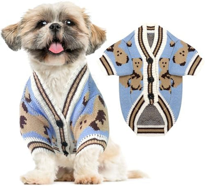 ABRRLO Small Dog Sweaters Cute Bear Dog Cardigans Clothes for Small Medium Dogs Boy Girl Puppy Cat Knitting Cardigan Outfits Dogs Winter Coats Warm Pet Doggy Clothes Soft Knitwear Apparel (Blue,XL)