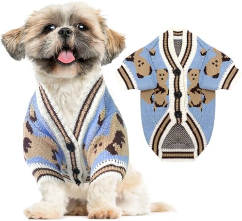ABRRLO Small Dog Sweaters Cute Bear Dog Cardigans Clothes for Small Medium Dogs Boy Girl Puppy Cat Knitting Cardigan Outfits Dogs Winter Coats Warm Pet Doggy Clothes Soft Knitwear Apparel (Blue,S)