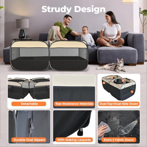 2-in-1 Pop Up Cat Playpen, Detachable into 2 Separate Pens with Additional Doors, Assembly-Free Portable Dog Crates Pet Pen Tent Kennel Kitten Puppy Enclosure Cage Indoor Outdoor Foldable Condo(S)