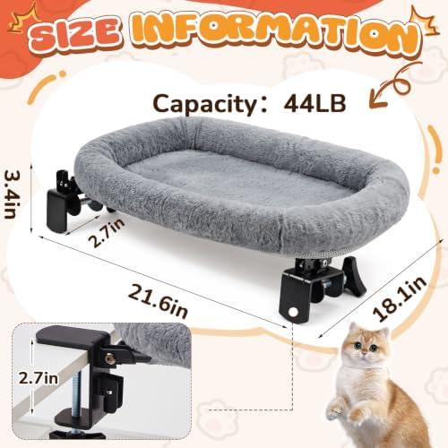 Lewtemi Bedside Pet Bed, Hanging Cat Hammock Attached to Bed or Desk, Gray