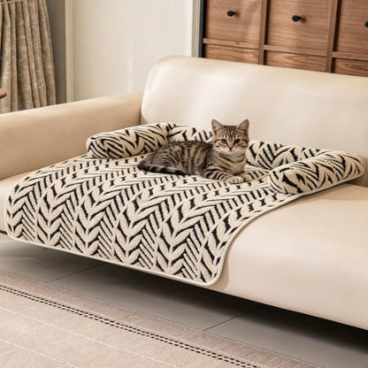 Calming Dog Couch Bed Mats with Neck and Head Support, Fluffy Plush Pet Sofa Cover for Small Medium Dogs and Cats, Non-Slip Bottom, Machine Washable