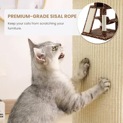 SHA CERLIN 65in Larger Cat Tree Tower Condo for Indoor Kitties/Multi-Level Furniture Activity Center with Wide Base/Cozy Plush Cat Perches/Baskets/Sisal Scratching Posts and Hammock/Leopard Print