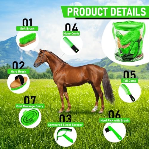 Cunhill 9 Pcs Horse Grooming Kit Tack Room Supplies, Cute, Green