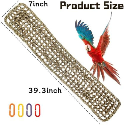 Bird Seagrass Mat 39.4×7" Long Natural Macaw Woven Net Hammock Hanging on Parrot Cage with Hooks Climbing Ladder Swing Chew Toys for Cockatoo Large Parrot Supplies