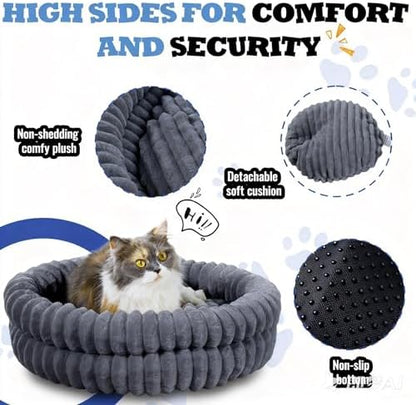 Washable Cat Bed Donut Dog Beds for Small Dogs with Corduroy Fleece Super Soft Pet Bed for Puppy and Kitten,20 * 20 * 6",Grey