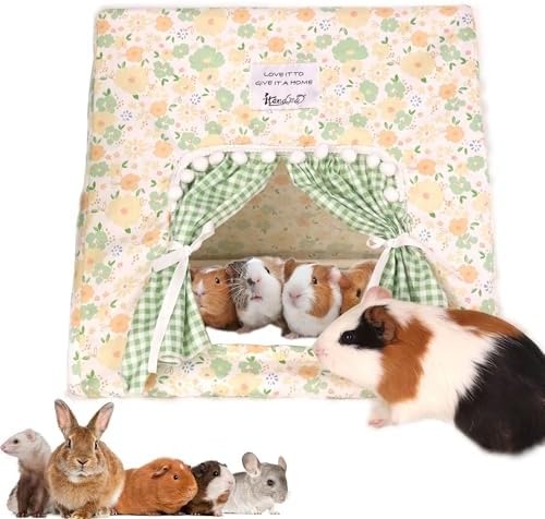 Jenvd Guinea Pig Hideout Large with Curtain, Machine Washable Bunny Hideout