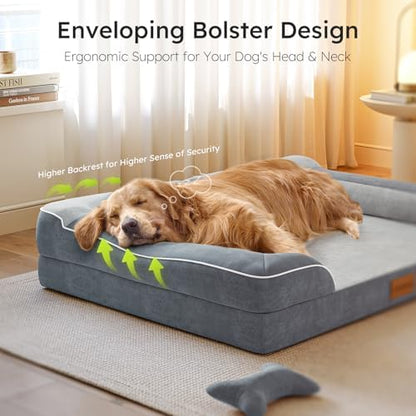CWAWZ Dog Beds for Large Dogs, Orthopedic Dog Bed with Cooling Gel Memory Foam, Waterproof Large Pet Bed with Removable Washable Cover, 36" Pet Sofa Couch Dutch Velvet with Bone Toy, Dark Gray