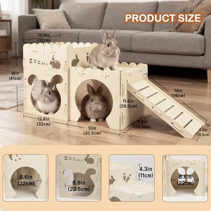 Large Rabbit Castle, Wooden Bunny House,Detachable Rabbit Hideaway, Indoor Hamster Castle with Ramp, Small Animal Houses & Habitats for Guinea Pig Chinchilla Ferret(2 House)