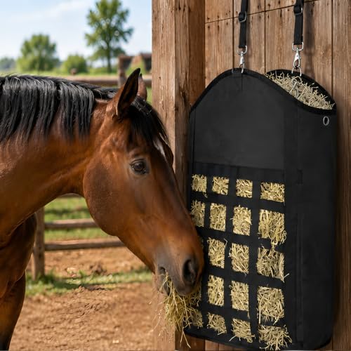 Hay Bags for Horses 3 Pack, Slow Feed Hay Net with 600D Oxford Fabric, Wide Opening Horse Hay Feeder Bag with Adjustable Hanging Strap, for Goats Sheep Donkeys Stable Trailer
