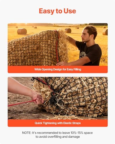VEVOR Round Bale Hay Net, 5.91 x 5.91 x 5.91 ft, 1.65 inch Holes, PE Material, Knotless Design, with Zip Ties, Needle Shuttle, Repair Twine and Storage Bag, Slow Feeder Round Bale Net for Horses