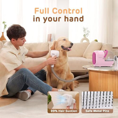HEAPETS Dog Grooming Vacuum Kit - 3L Vacuum with 7 Tools, Low Noise Electric Clipper and Brush for Pet Shedding at Home, Pink