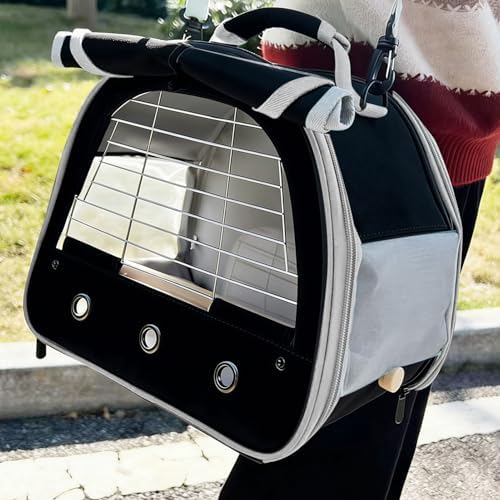 Bird Travel Carrier Cage, with Stainless Steel Metal Window and Wood Perch, Portable Bag for Cockatiel Parakeet Conure Green Cheek Budgie (Black, Steel Window)