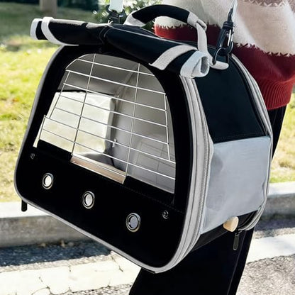 Bird Travel Carrier Cage, with Stainless Steel Metal Window and Wood Perch, Portable Bag for Cockatiel Parakeet Conure Green Cheek Budgie (Black, Steel Window)