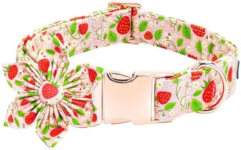 Dog Collar-Strawberry Print Adjustable Cute Pet Collar Soft Pink Dog Collars with Flower Durable Cotton Metal Buckle Puppy Collar Gift for Large Dogs