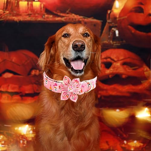 Elegant little tail Halloween Dog Collar, Ghosts Print Pumpkin Pet Collars with Flower Puppy Collar Flower Female or Male Cotton Adjustable Collars for Small Medium Large Dogs