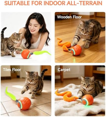 Interactive Cat Toy Ball - Automatic Moving Cat Ball for Indoor Cats with 3 Tails, Rechargeable Silent Kitten Toy for Boredom & Exercise, Rolling Ball Toy with 2 Modes & 2 Speeds.