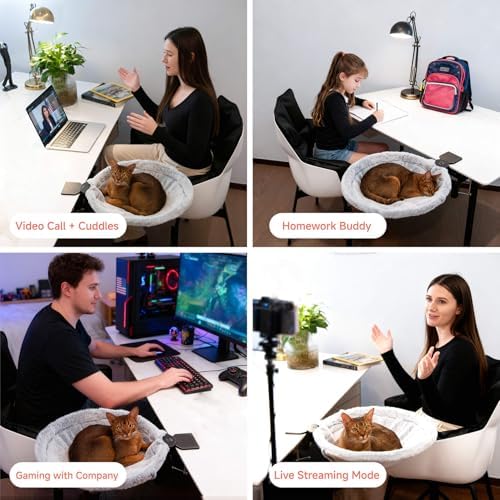Round Cat Desk Bed, Space-Saving Elevated Pet Hammock for 40lbs Cats & Kittens, All-Season Office Workspace Cat Bed, Sturdy Desk-Mounted Seat with Washable Breathable Fabric, 360 View