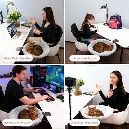 Round Cat Desk Bed, Space-Saving Elevated Pet Hammock for 40lbs Cats & Kittens, All-Season Office Workspace Cat Bed, Sturdy Desk-Mounted Seat with Washable Breathable Fabric, 360 View