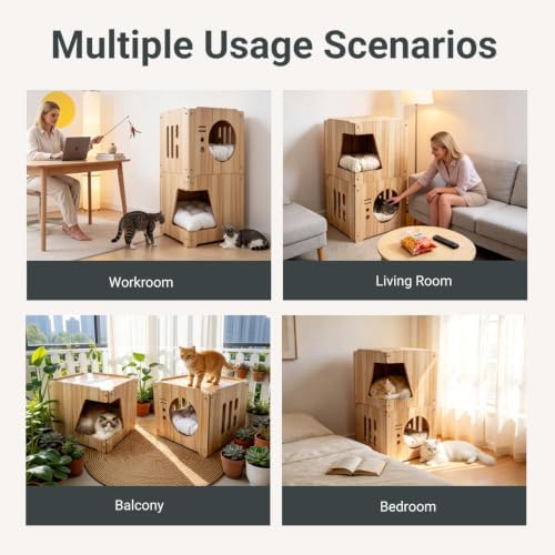 Large 2double-Deck Cat Fort with Mat for Pet Cat Cave for Indoor Cats Cat House for Multi Pet Large Kitten Kitty Cat Bed Wooden Style 15 * 15 * 30 inches(cat shlter 2layer with mat White)