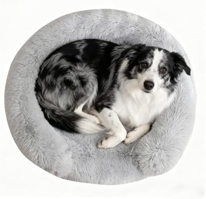 Calming Dog & Cat Beds with Orthopedic Egg-Crate Foam Raised Rim, Soft Fluffy Faux Fur Pet Bed for Small Medium Dogs, Anxiety Relief Spine Support, Machine Washable (Round, Pale Grey 28")