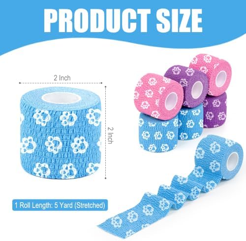 Vet Wrap Cohesive Bandages, Self-Adhesive Bandage Wrap, Breathable Non-Woven Self Adherent Tape for Pet Dog Leg Paw Wound, Horse, Cat, First Aid & Ankle Sprain, 2 Inch (6 Rolls)