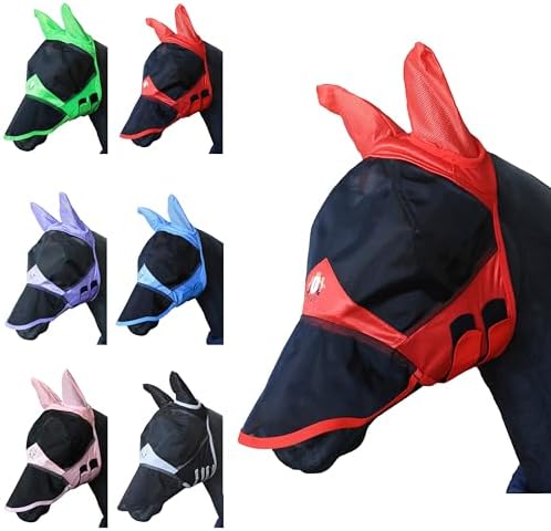 T TEKE Fine Mesh Horse Fly Mask w/Ears & Nose, UV Blocking 3D Eye Visor with Extra Fleece Cushioned Forehead, Protection from Insect Pests