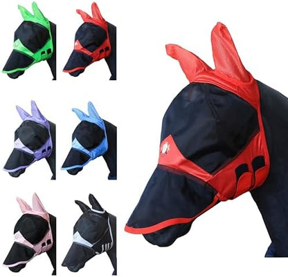 T TEKE Fine Mesh Horse Fly Mask w/Ears & Nose, UV Blocking 3D Eye Visor with Extra Fleece Cushioned Forehead, Protection from Insect Pests
